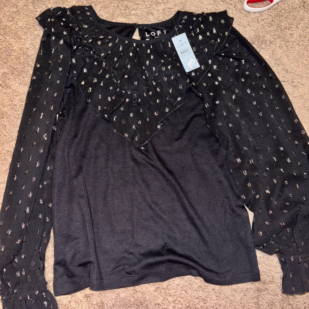 LOFT Black Ruffled Long Sleeve Blouse with Bib Collar